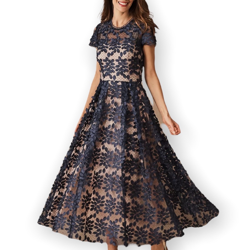 BHLDN Navy Floral Lace Midi Dress